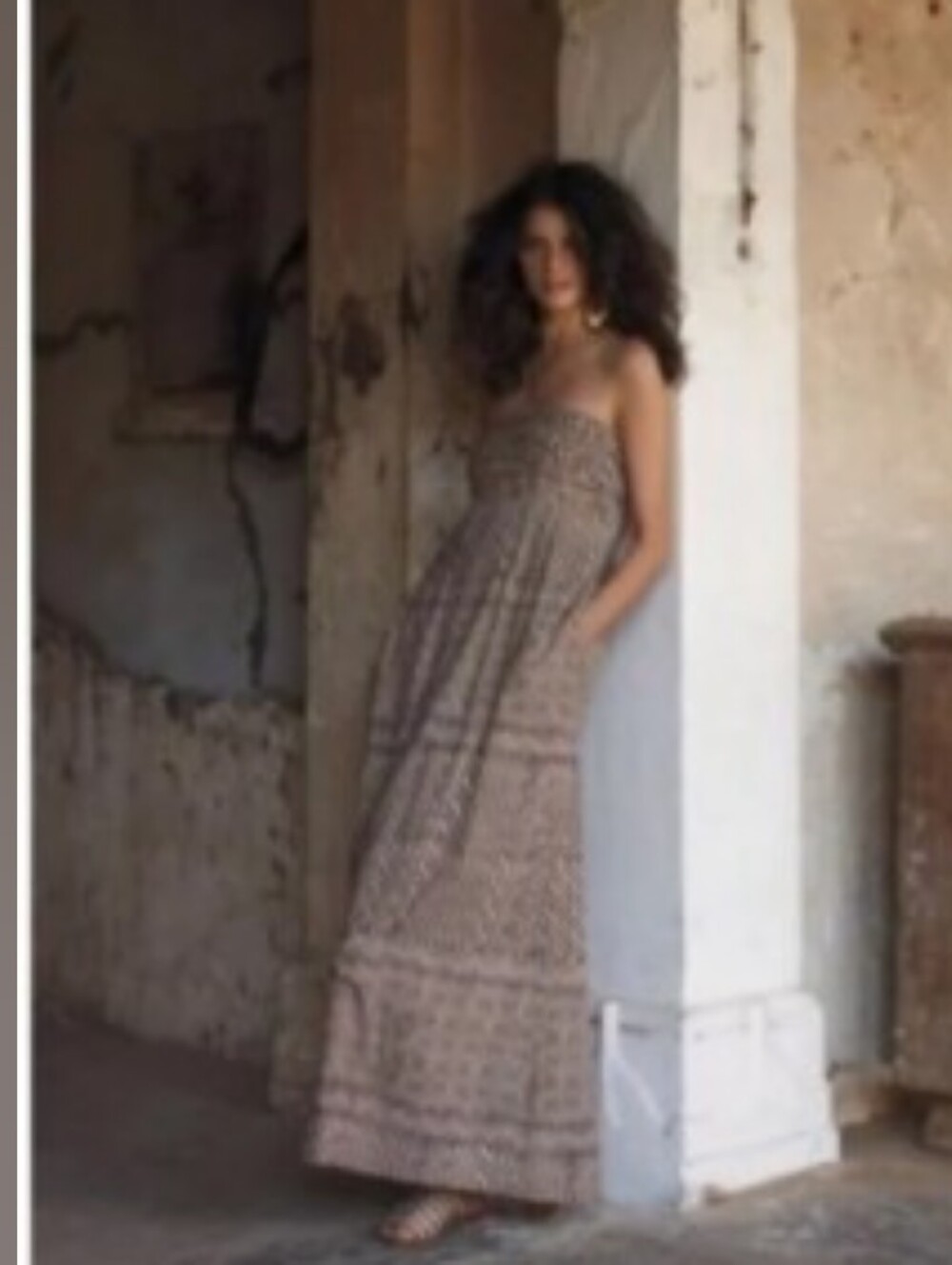 Smocked Strapless Maxi Dress in Brown/Beige Print